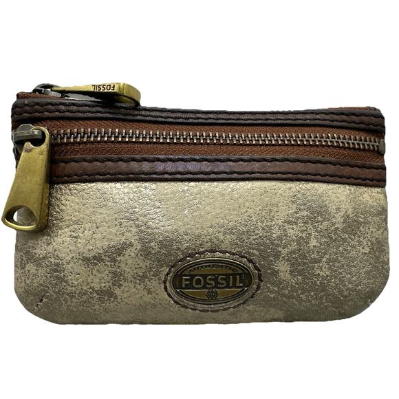 fossil coin purse Double Zip Gold Shimmer Brown Leather CP {QQ} - Picture 1 of 14